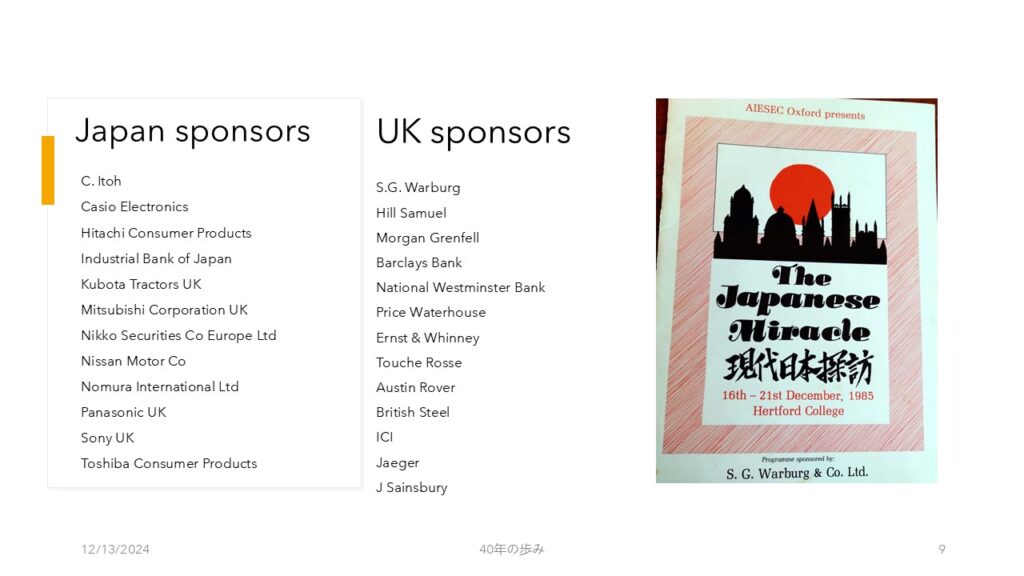 List of British and Japanese companies and cover of Japanese Miracle conference programme